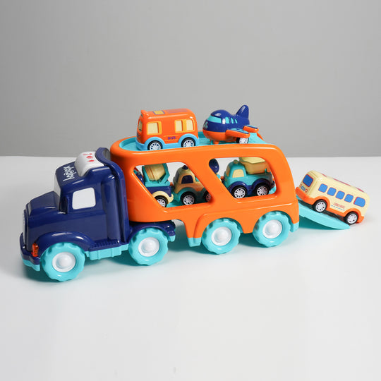 xbaby 5 Pcs Cars Toys for 2 3 4 5 Years Old Toddlers, Big Carrier Truck with 8 Small Cartoon Pull Back Cars, Colorful Assorted Vehicles, Transport Truck with Sound and Light, Best Gift for Boy and Girl