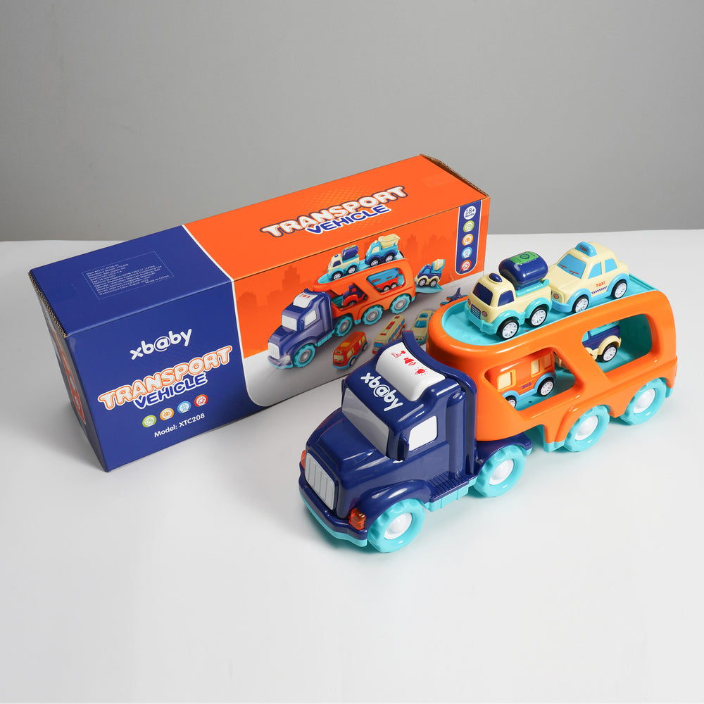 xbaby 5 Pcs Cars Toys for 2 3 4 5 Years Old Toddlers, Big Carrier Truck with 8 Small Cartoon Pull Back Cars, Colorful Assorted Vehicles, Transport Truck with Sound and Light, Best Gift for Boy and Girl