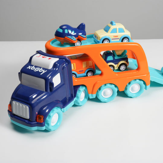 xbaby 5 Pcs Cars Toys for 2 3 4 5 Years Old Toddlers, Big Carrier Truck with 8 Small Cartoon Pull Back Cars, Colorful Assorted Vehicles, Transport Truck with Sound and Light, Best Gift for Boy and Girl