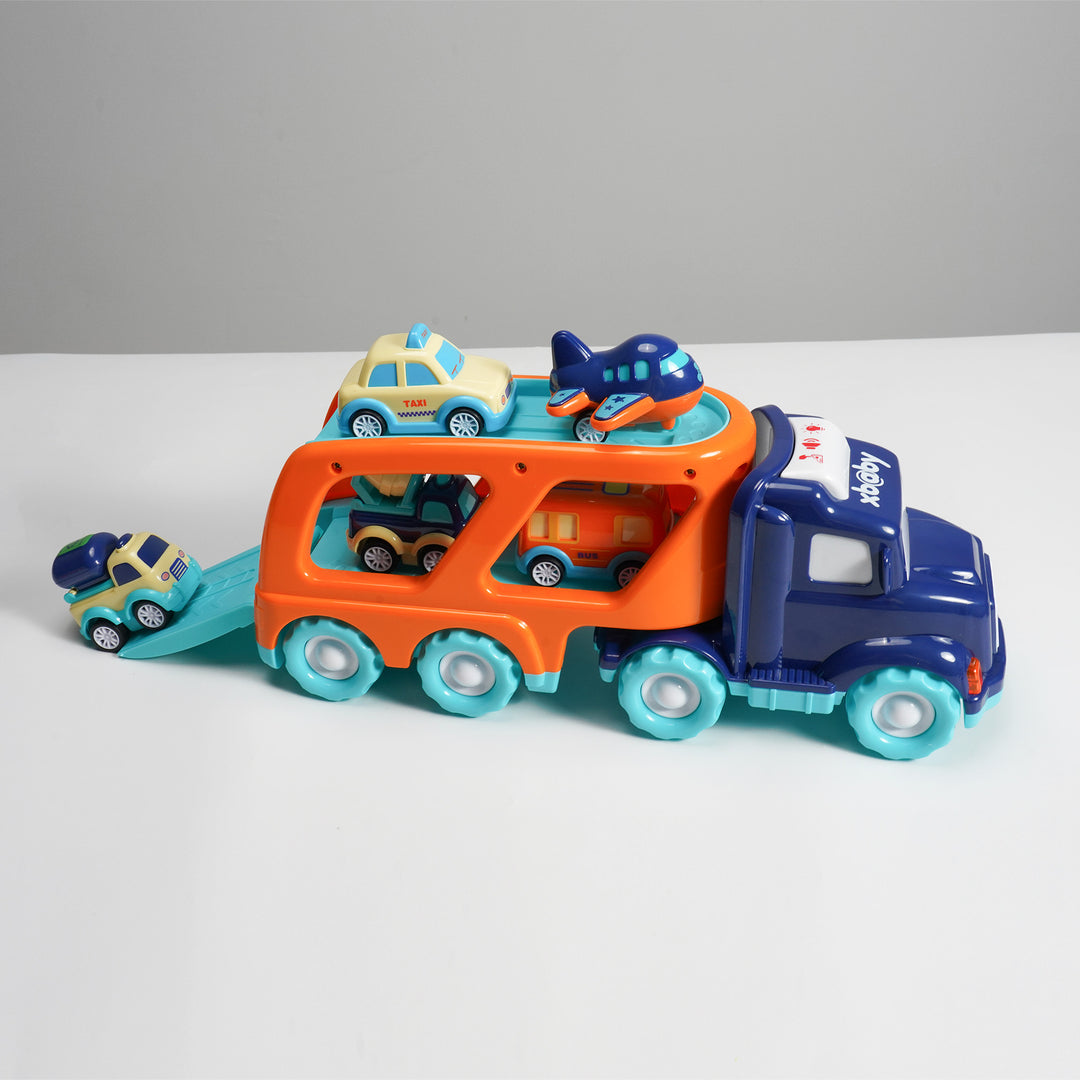 xbaby 5 Pcs Cars Toys for 2 3 4 5 Years Old Toddlers, Big Carrier Truck with 8 Small Cartoon Pull Back Cars, Colorful Assorted Vehicles, Transport Truck with Sound and Light, Best Gift for Boy and Girl