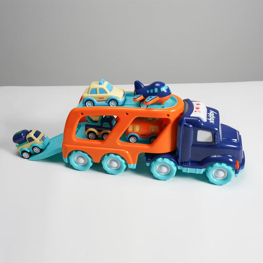 xbaby 5 Pcs Cars Toys for 2 3 4 5 Years Old Toddlers, Big Carrier Truck with 8 Small Cartoon Pull Back Cars, Colorful Assorted Vehicles, Transport Truck with Sound and Light, Best Gift for Boy and Girl