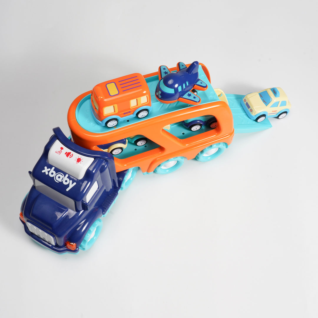 xbaby 5 Pcs Cars Toys for 2 3 4 5 Years Old Toddlers, Big Carrier Truck with 8 Small Cartoon Pull Back Cars, Colorful Assorted Vehicles, Transport Truck with Sound and Light, Best Gift for Boy and Girl