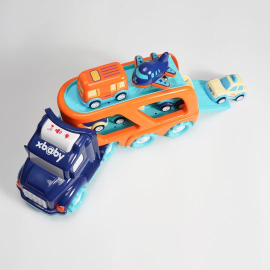 xbaby 5 Pcs Cars Toys for 2 3 4 5 Years Old Toddlers, Big Carrier Truck with 8 Small Cartoon Pull Back Cars, Colorful Assorted Vehicles, Transport Truck with Sound and Light, Best Gift for Boy and Girl