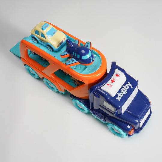 xbaby 5 Pcs Cars Toys for 2 3 4 5 Years Old Toddlers, Big Carrier Truck with 8 Small Cartoon Pull Back Cars, Colorful Assorted Vehicles, Transport Truck with Sound and Light, Best Gift for Boy and Girl