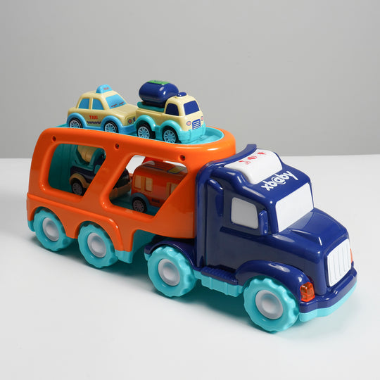 xbaby 5 Pcs Cars Toys for 2 3 4 5 Years Old Toddlers, Big Carrier Truck with 8 Small Cartoon Pull Back Cars, Colorful Assorted Vehicles, Transport Truck with Sound and Light, Best Gift for Boy and Girl