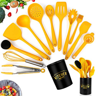 Kitchen Gadgets, Silicone Cooking Utensils, 13 Pieces Kitchenware Set, 446°F Heat Resistance, BPA-Free, Non-Stick, Soup Ladle, Colander, Egg Whisk, Yellow Cookware