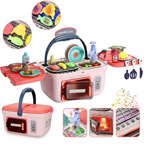 Jiffi Kids Kitchen Playset Toy - Picnic Basket with Music & Light, Color Changed Play Foods, Play Water Sink, Cooking Accessories Pretend Play Toy Portable for Toddler Girls Boys