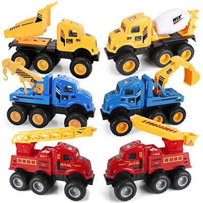 HIRIFULL Truck Toys for 1 2 3 Year Old Boys, 6PCS Friction Power Construction Cars for Toddler Toy Vehicles Playset, Best Gift for Kids