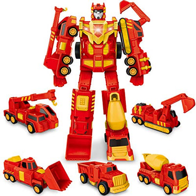 Five Construction Vehicle Truck Toys Transform into Robot Action Figures for Kids, Magnetic Assembled, Pull Back Car, Birthday Gift for 3 4 5 6 7 8 Boys and Girls