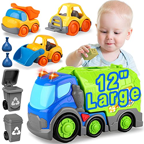 Garbage Truck Toy Large, Car Toys for Boys and Toddlers, Truck Toys for 1 2 3 4 5 Years Old Boys, 2 Garbage Cans, Small Construction Vehicles Toy Set, Big Waste Recycling Truck Toy Set, Birthday Gift