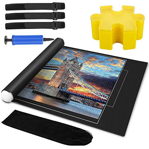 Puzzle Mat Roll Up & Puzzle Sorting Tray for 1500 Pieces Jigsaw Puzzles, Inflatable Tube, 3 Elastic Fasteners, Mini Pump, Sorter for Better Pattern Shape Colors, Sturdy, Less Trouble for Puzzle Lover