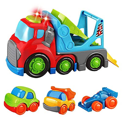 Forty4 Transport Car Carrier Truck Toy for 1 2 3 Years Old Toddler Boy & Girl, Cars Toy Vehicles with Sound & Light, Friction Powered Large Trailer Truck, Small Dump, Taxi, Race Car, Gift for Birthday