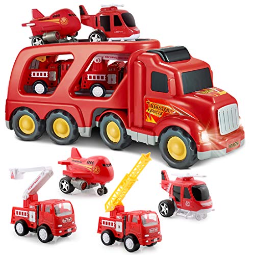 Fire Truck Toys for 2 3 4 5 Years Old Boys Kids Toddlers, Vehicles Toy Set with Light and Sound, Large Transport Cargo Truck, Small Helicopter, Airplane, Emergency Rescue Cars, 5 in 1 Playset