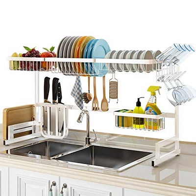 SLENPET Over The Sink Dish Drying Rack, Adjustable (33”- 41”) Large Dish Drainer, Kitchen Supplies Shelf with Utensil Holder and 5 Hooks, Sturdy Stainless Steel Space Save Rack for Counter Storage