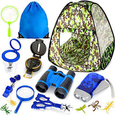 FORTY4 Kids Camping Tent Set,15PCS Bug Catching Kit with Camouflage Military Pop Up Play Tent ,Camping Toys Kids Explorer Kit, Nature Exploration Toys Butterfly Nets for Kids