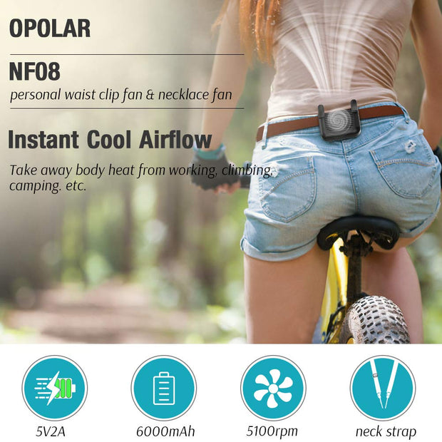 OPOLAR Personal Mini Waist Clip On Fan | 6000mAh Rechargeable Battery
