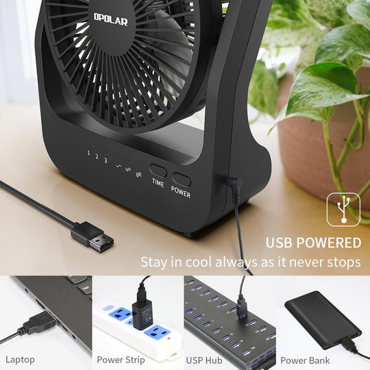 OPOLAR USB or 4 D Batteries Desk Fan with Timer